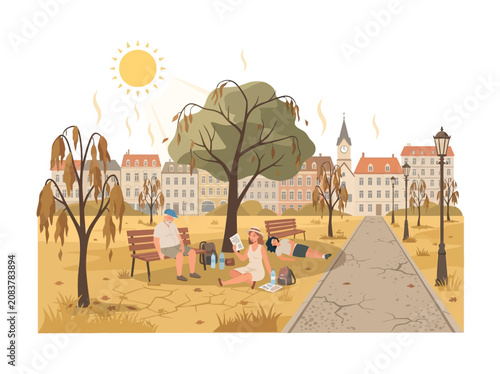 People struggling with extreme urban heatwave in a city park