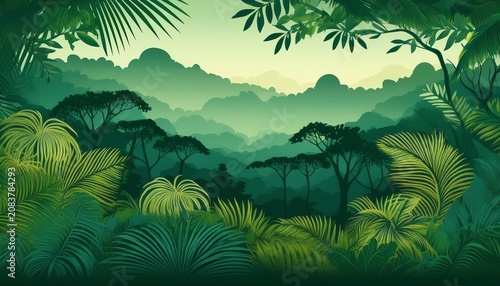 Jungle Landscape Layered Background With Rainforest Parallax Effect Horizontal Green Panoramic Backdrop With Lianas Palms Trees And Bushes