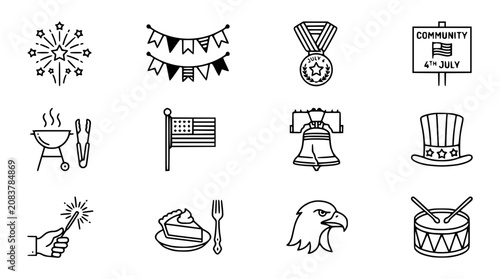 Bild auf Leinwand USA Independence Day Icons: Fireworks, BBQ, Flag, Pie, Eagle, Drum, July 4th
