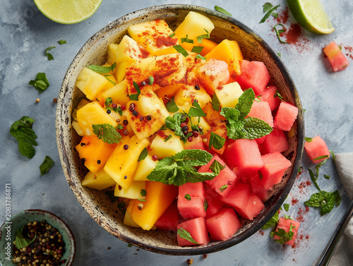 Colorful tropical fruit bowl with chili-lime seasoning and fresh mint, highlighting a modern sweet and spicy flavor trend.