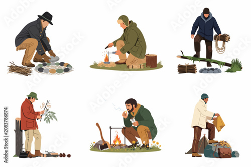 Принти на полотні Collection of flat illustrations showing men practicing outdoor survival skills, including fire making, wood gathering, and carving tools in a wilderness setting
