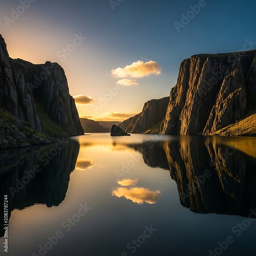 Dramatic sunset over rocky canyon landscape.
