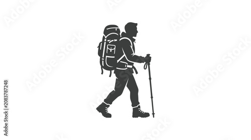 Canvastavla Man walking with hiking backpack poles.