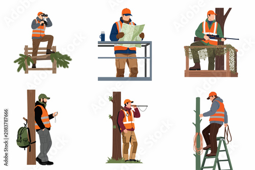 Collection of six vector illustrations showing men in hunting gear and orange safety vests scouting, navigating with maps, and using tree stands.