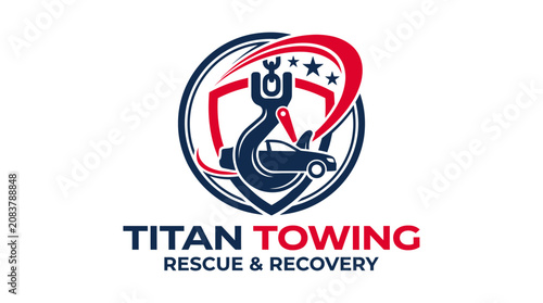 Foto Titan Towing Logo: Tow Truck Hook Lifting Car with Shield and Stars
