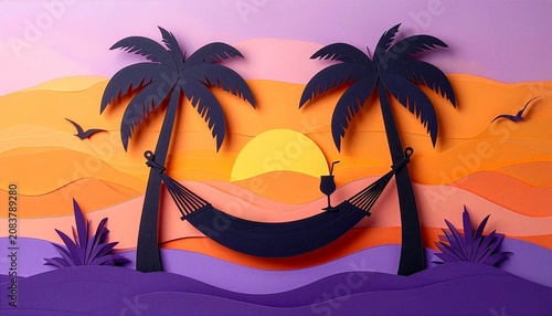 Paper cut style tropical beach sunset with hammock and cocktail