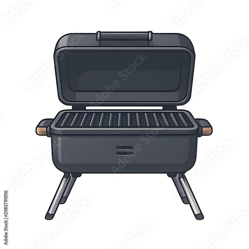 Schwarzer kompakter Holzkohlegrill mit geöffnetem Deckel und Grillrost