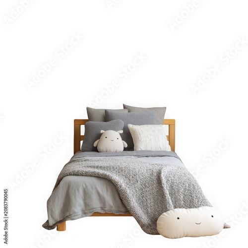 Neatly made bed with gray bedding on wooden frame