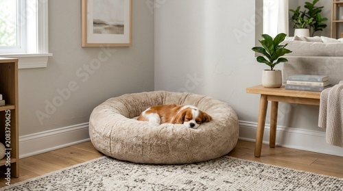 Small dog sleeping soundly and comfortably in a luxurious, fluffy round pet bed on a rug at home, creating a peaceful scene