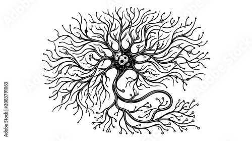 Detailed illustration of a human neuron cell with dendrites and axon on white background