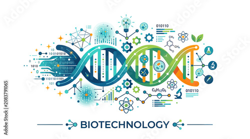 Biotechnology DNA Helix Illustration with Science Icons and Data