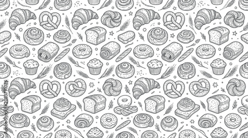 Hand-drawn Bakery Pattern: Croissants, Pretzels, Bread, Muffins, Donuts