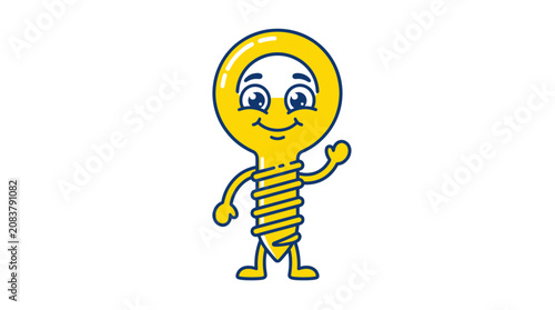 Friendly cartoon light bulb screw character waving hello, isolated on white background