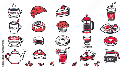 Hand-Drawn Coffee Drinks and Pastries Collection: Croissant, Donut, Cake, Muffin, Tea