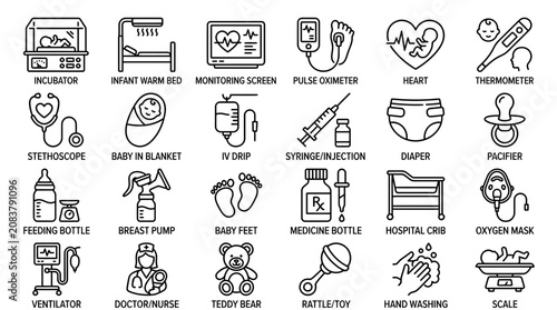 Medical Icons Set: Neonatal Care, Baby Health, and Hospital Equipment