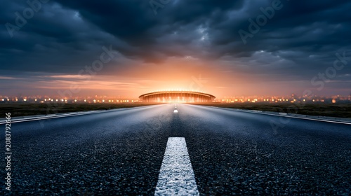 Empty highway leading to an illuminated stadium at dusk