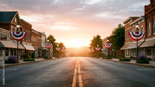 Small town main street with patriotic bunting at sunrise