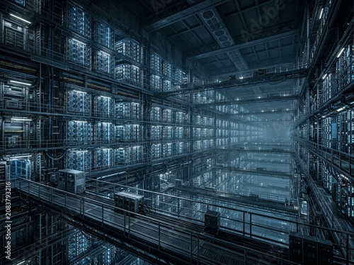 Futuristic High-Tech Data Center with Glowing Blue Server Racks and Industrial Metal Walkways in a Dark Facility