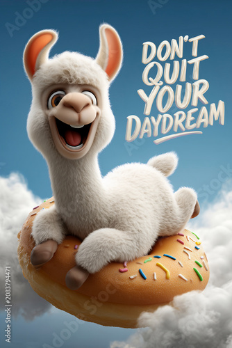 Smiling Llama on a Donut in the Sky with 'don't Quit Your Daydream' Text
