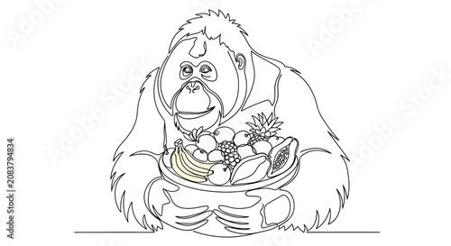 Photography Orangutan Holding Bowl of Fresh Tropical Fruits, One Line Drawing Art