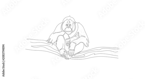 Canvas Print One Line Drawing Orangutan Sitting on Branch, Minimalist Primate Art