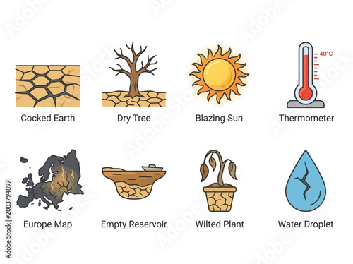 Bild auf Leinwand Drought and climate change icons showing extreme heat effects