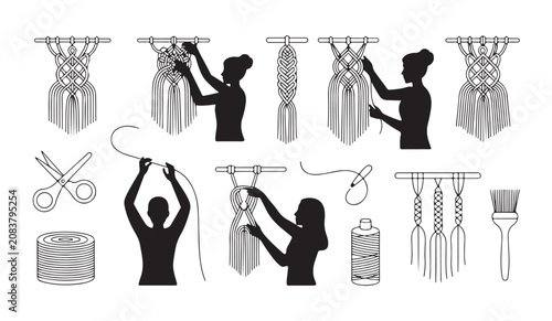 Schilderij op canvas Macrame craft project icons set featuring knotting technique tools and creative hand design