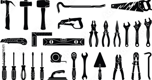 Title: Hand tools silhouette vector icon set for construction carpentry renovation and home repair projects
