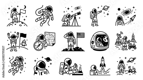 Tableau sur toile Astronaut Space Exploration Icons Set: Planets, Rockets, Stars, and Galaxy - Vec