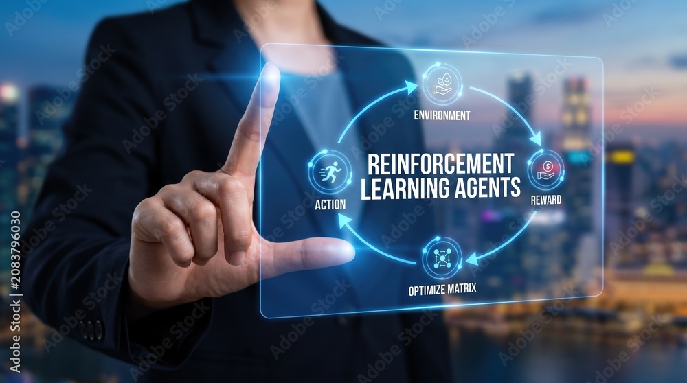 Obraz premium AI Reinforcement Learning Agents Cycle Explained with Futuristic Interface
