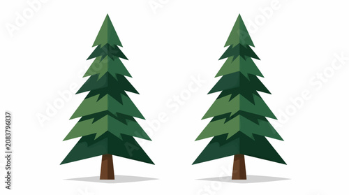 Two Flat Vector Pine Trees Side-by-Side with Minimalist Design, Dark Green Foliage and Brown Trunks, Casting Subtle Shadows on White Background, Graphic Resource