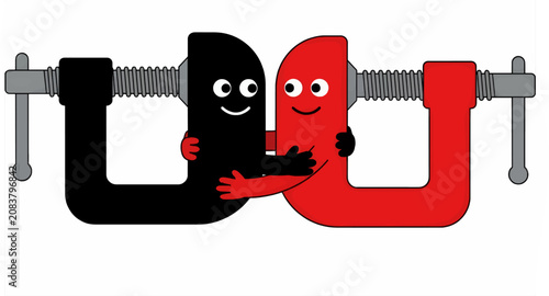 Two Friendly Clamp Characters Hugging, One Black and One Red, Flat Vector Illustration with Simple Design and White Background