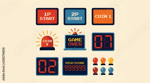 Vintage Arcade Game Icons: 1P Start, 2P Start, Coin Insert, Game Over Screen, Score Displays, and Light Bulbs, Flat Vector Illustration