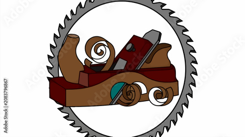 Vintage Flat Vector Illustration of a Wood Plane with Wood Shavings Inside a Saw Blade Circle, Carpentry and Woodworking Concept