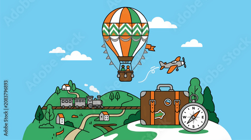 Whimsical Flat Vector Travel Scene with Hot Air Balloon, Train, Airplane, Suitcase, and Compass on Green Hills