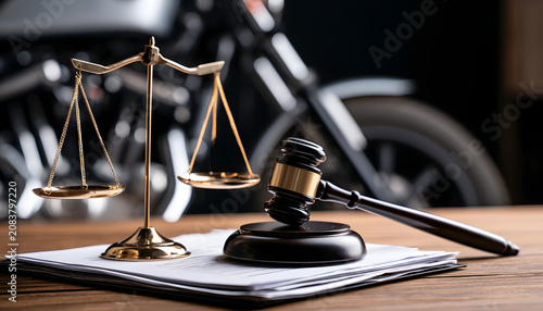 Papers have legal concepts next to a motorcycle, involving an accident claim. A law firm provides compensation for a motorcycle rider's injury. Fair trials are provided for biker injury cases.