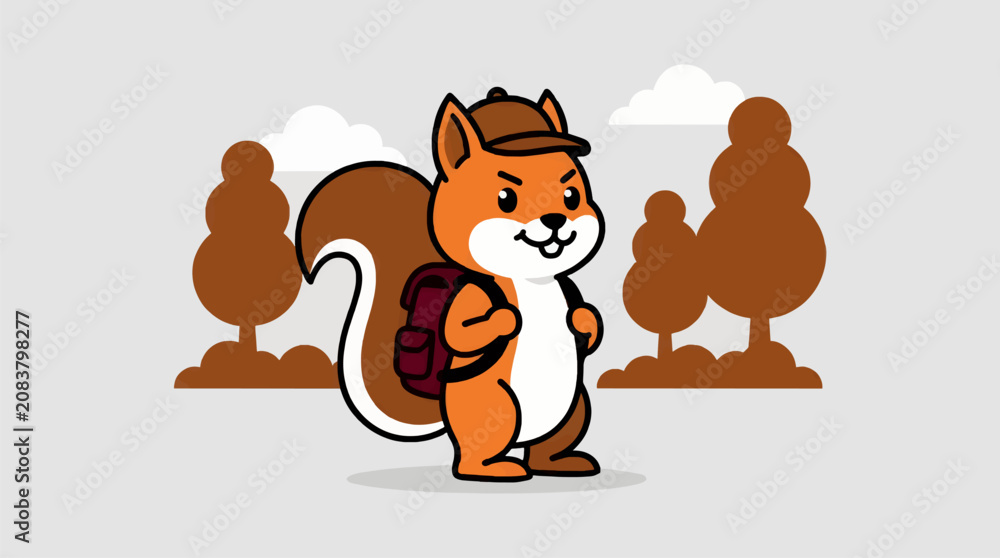 Fototapeta premium Flat Vector Illustration of an Anthropomorphic Squirrel Wearing a Cap and Backpack, Standing in a Stylized Forest Scene with Clouds and Trees, Energetic and Playful Character Design