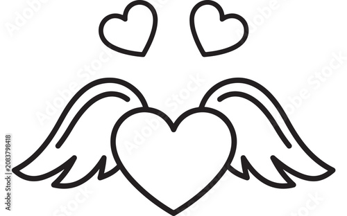 Картината върху платно Heart Wings Icon Outline with Two Hearts and Flowing Feathers, Romantic Love Sym