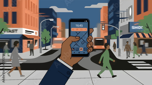 Fotografía Flat Vector Illustration of Hand Holding Smartphone with Map App While Walking o