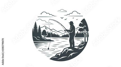 Canvastavla Fisherman silhouette on lake shore, casting line, mountains and trees in backgro