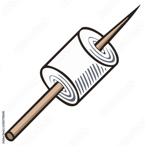A single white marshmallow impaled on a wooden skewer stick, ready for roasting over a campfire or open flame.