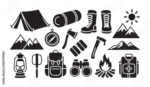 Collection of camping and hiking gear icons with tent mountain landscape and tools design.