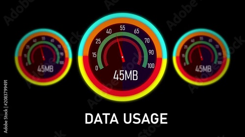 Dynamic data usage meter animation featuring three colorful circular gauges tracking increasing megabyte consumption for high-speed internet connectivity, network bandwidth monitoring, and digital