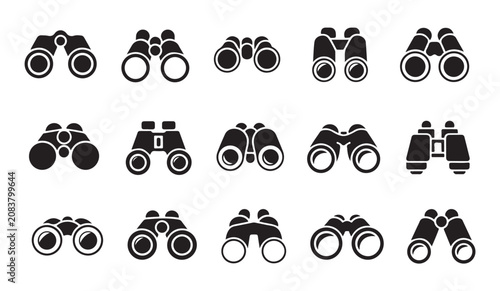 Set of binoculars silhouette icons for outdoor observation birdwatching and hiking gear.