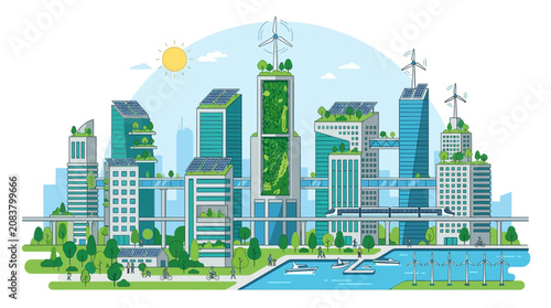 Renewable solar green energy Modern cityscape, urban landscape, green architecture, skyline illustration isolated on White Background eps