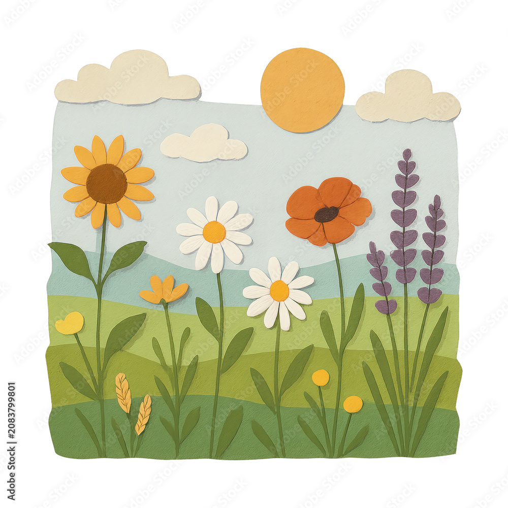 Fototapeta premium PNG Whimsical paper-cut floral landscape.