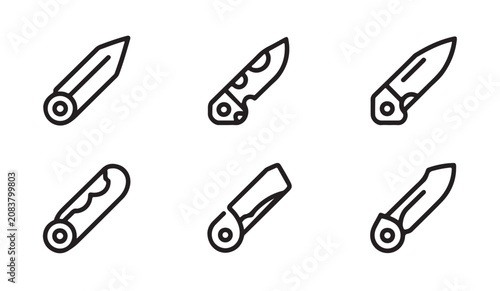 Collection of folding pocket knife icon designs in outline style for camping and hiking.