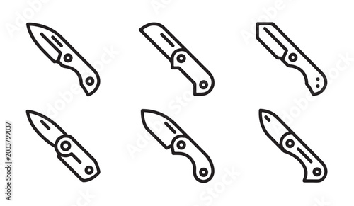 Folding pocket knife outline icons set for everyday carry and utility outdoor activities.