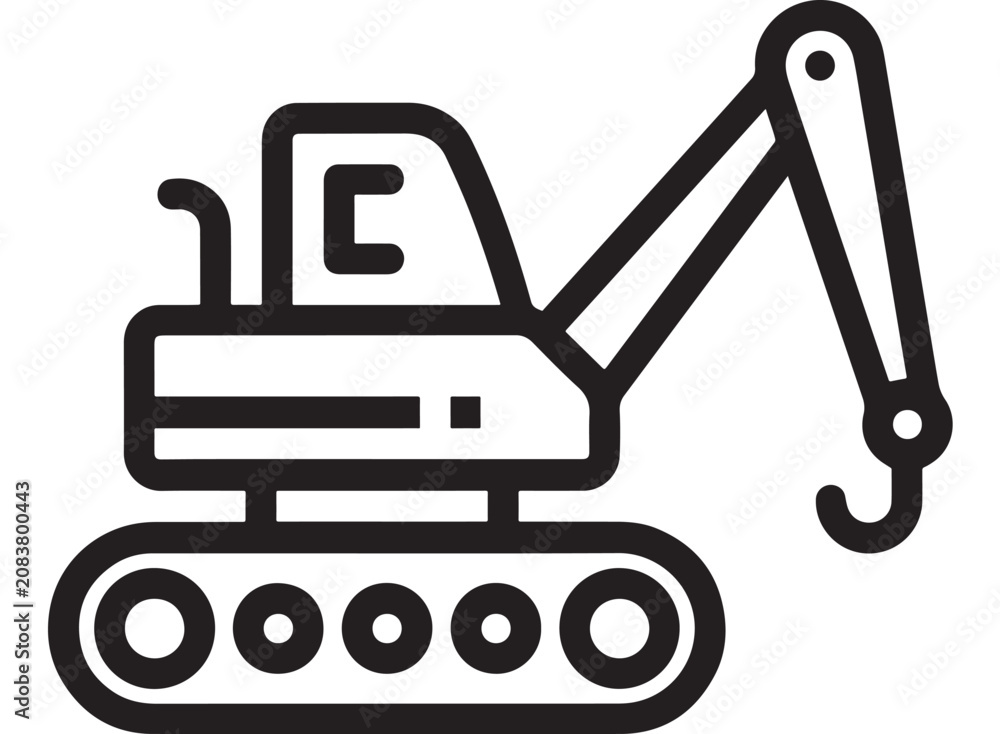 Naklejka premium Excavator Crane Icon with Black Outline Style and Simplified White Interior, Symbolizing Construction and Earthmoving Work