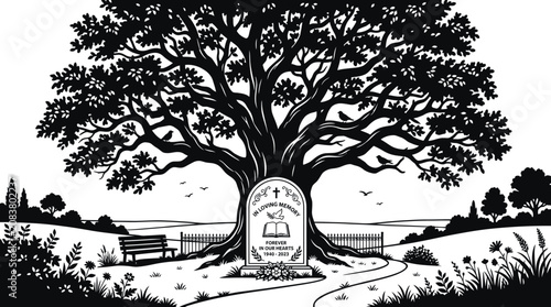 Canvastavla Genealogy Tree Illustration: Ancestor Monument, Open Book, Cemetery Bench